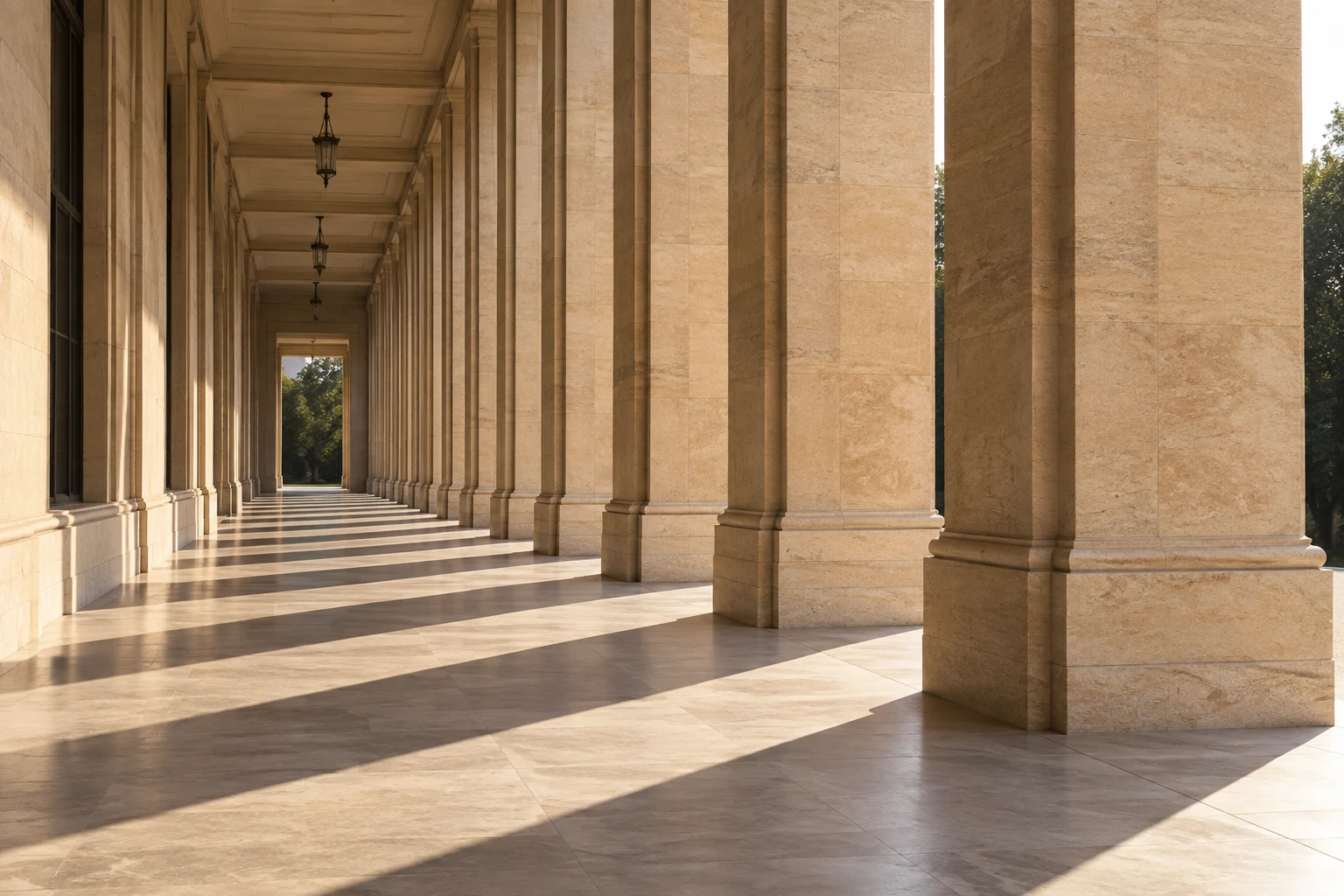 Sunlight and shadow across a sandstone colonnade